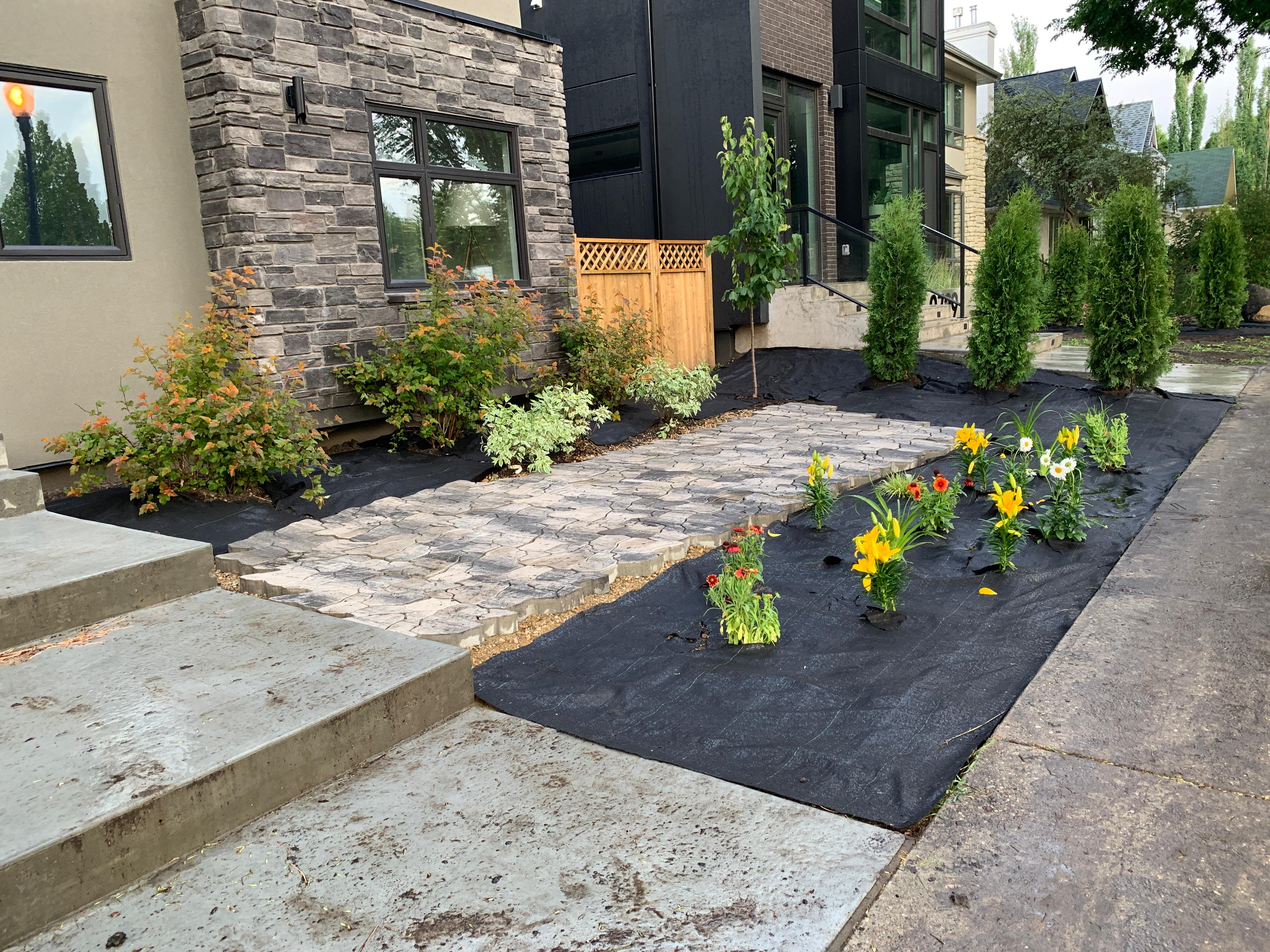 Infill front yard landscaping in progress with flowers, stone pavers, and shrubs